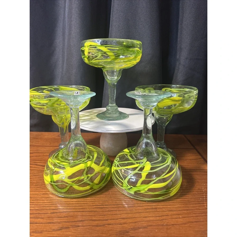 4 Margarita Glasses Hand Blown Recycled Mexican Yellow & Green Drizzle 6.5 